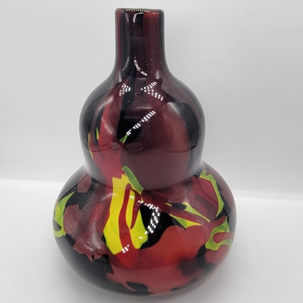 Vtg Murano Style Tutti Frutti Art Glass Double Gourd Vase MCM Black Red Yellow